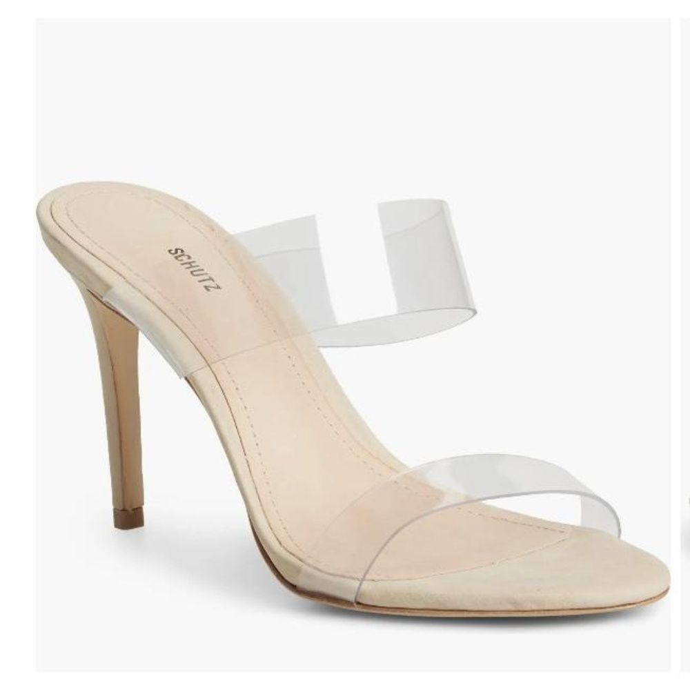 Schutz Heeled Sandals 8.5 Clear Vinyl Strappy Slip On Stiletto Nude Ariella